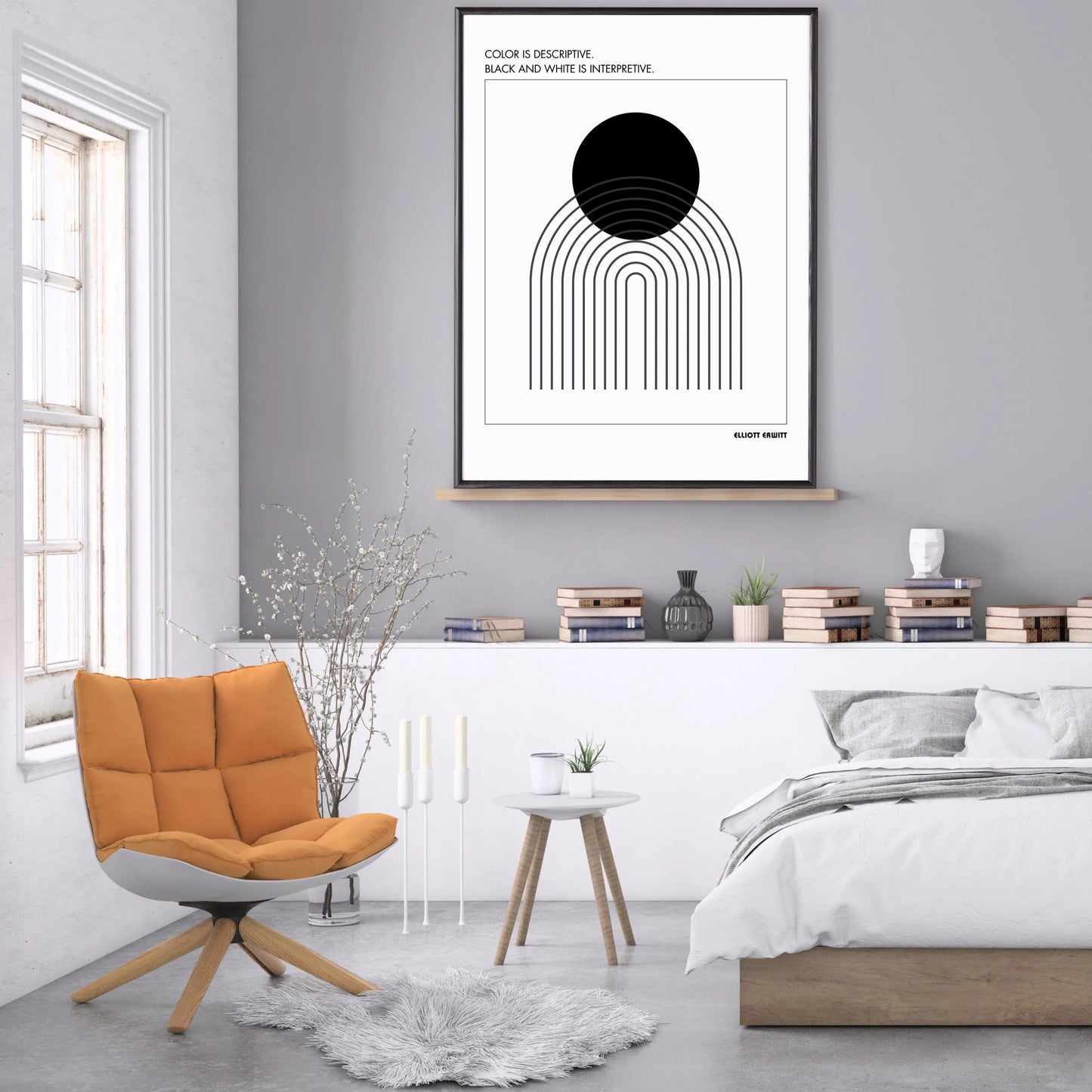 Minimalist black-and-white abstract poster featuring Elliott Erwitt's interpretive photography quote, perfect for contemporary home or office decor.