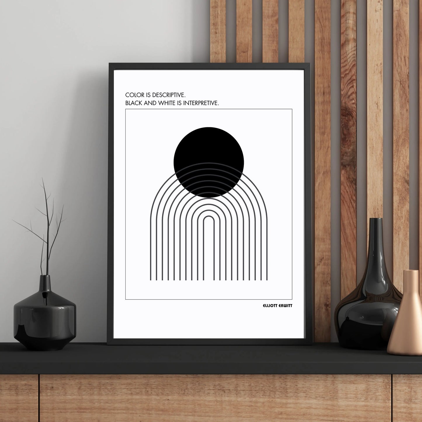 Minimalist black-and-white abstract poster featuring Elliott Erwitt's interpretive photography quote, perfect for contemporary home or office decor.