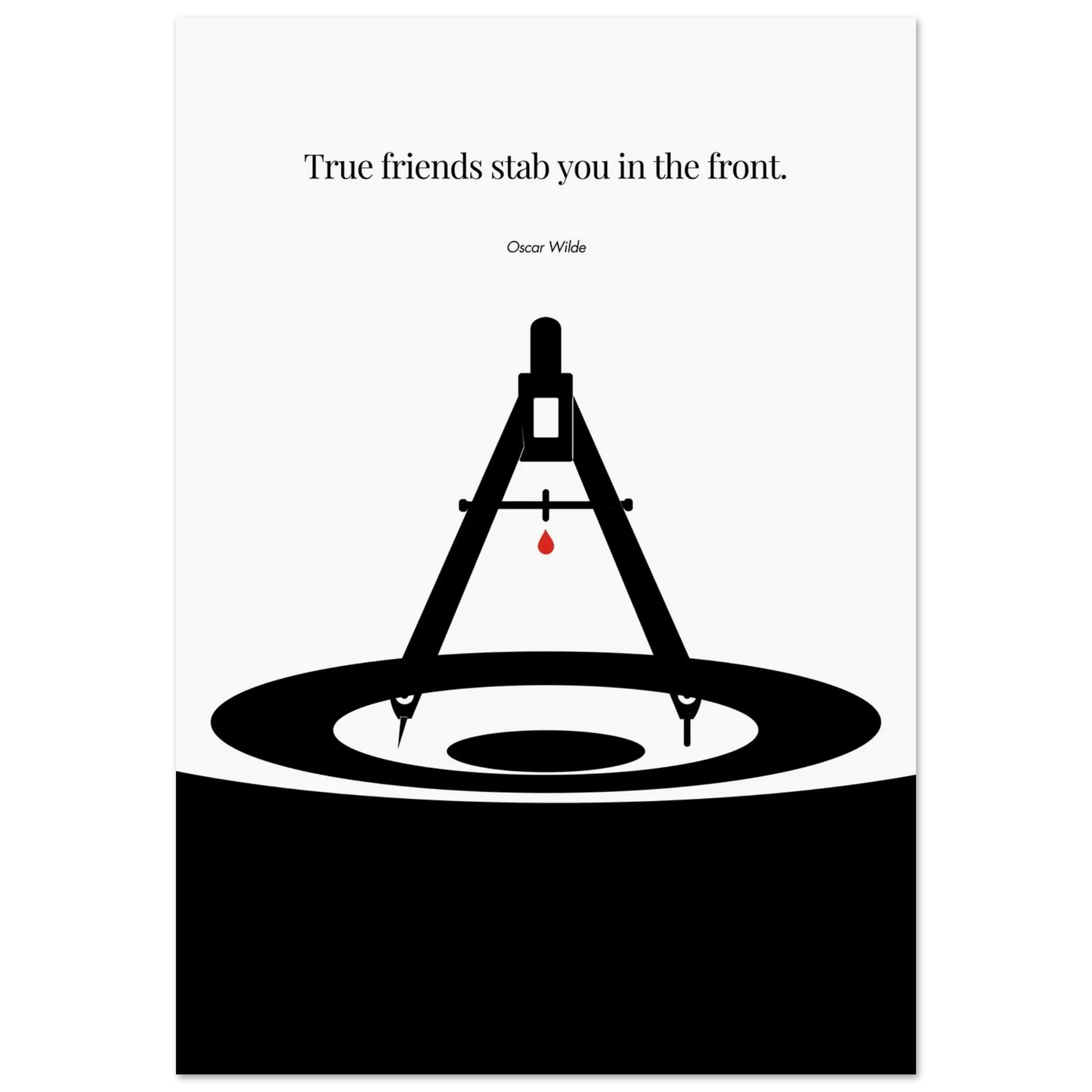 Minimalist poster featuring a black compass drawing a circle with a red drop of blood at its center, paired with the Oscar Wilde quote “True friends stab you in the front.”