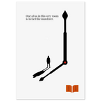 Minimalist poster featuring a clock hand casting the shadow of a man, referencing a quote from Agatha Christie about a murderer being present in the room.