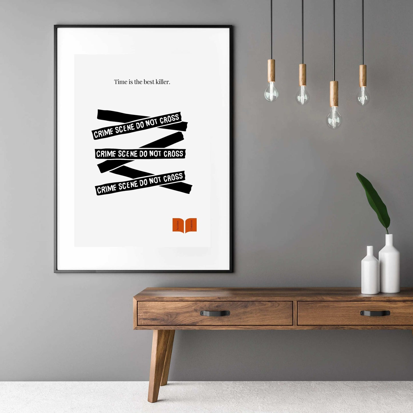 A minimalist black and white poster featuring text elements related to a crime scene and the quote 'Time is the best killer' from Agatha Christie.