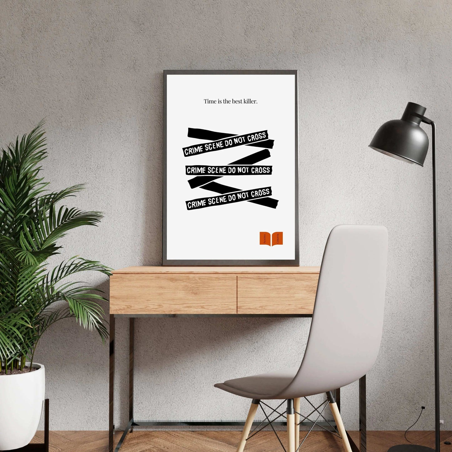 Agatha Christie Quote Print - Minimalist Poster A minimalist black and white poster featuring text elements related to a crime scene and the quote 'Time is the best killer' from Agatha Christie.