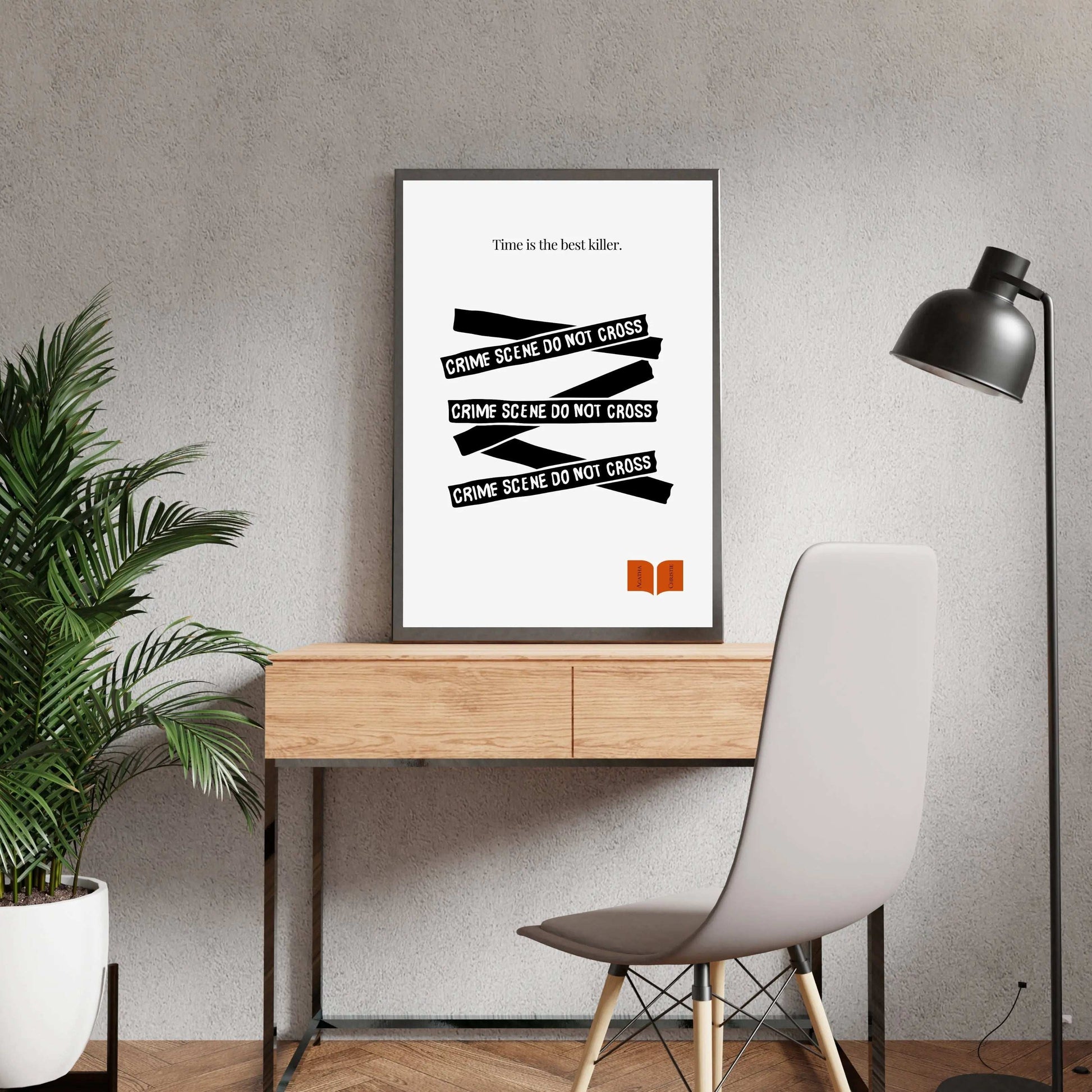 Agatha Christie Quote Print - Minimalist Poster A minimalist black and white poster featuring text elements related to a crime scene and the quote 'Time is the best killer' from Agatha Christie.