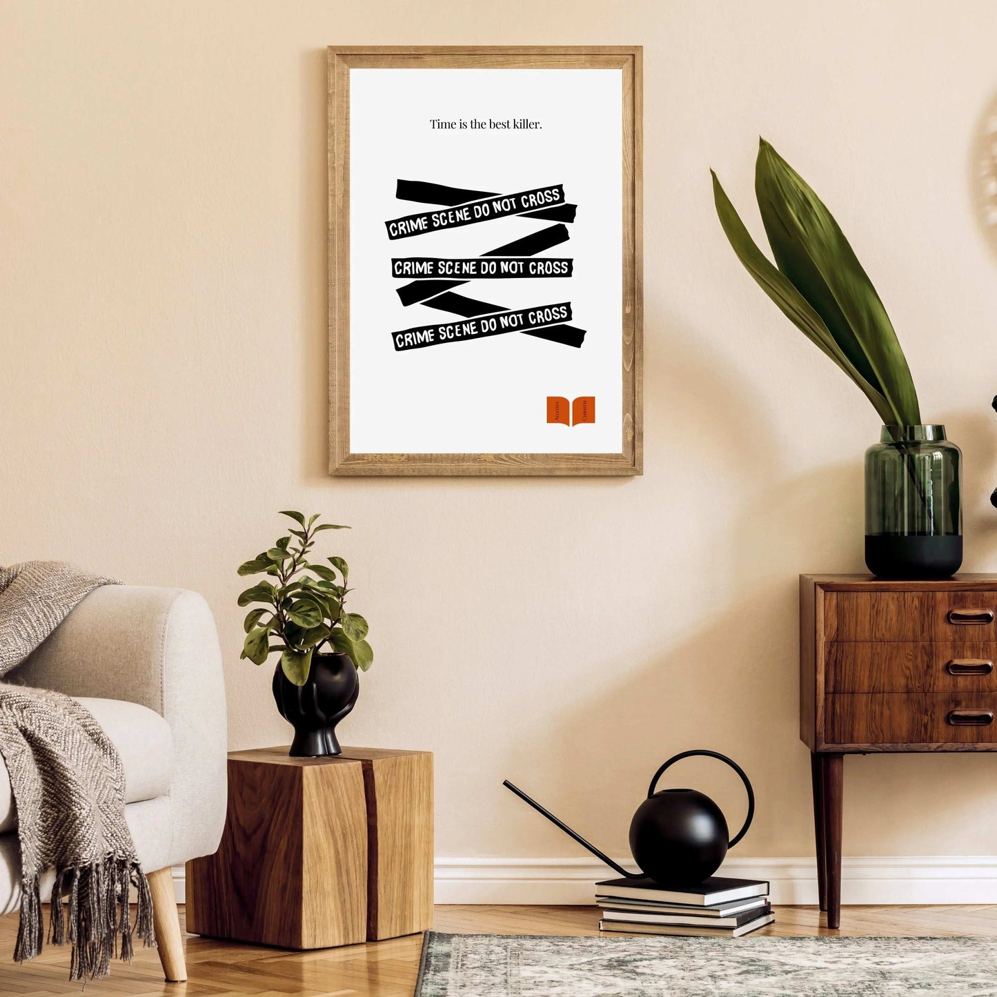 Living room with a framed poster on the wall, plants, and furniture.A minimalist black and white poster featuring text elements related to a crime scene and the quote 'Time is the best killer' from Agatha Christie.