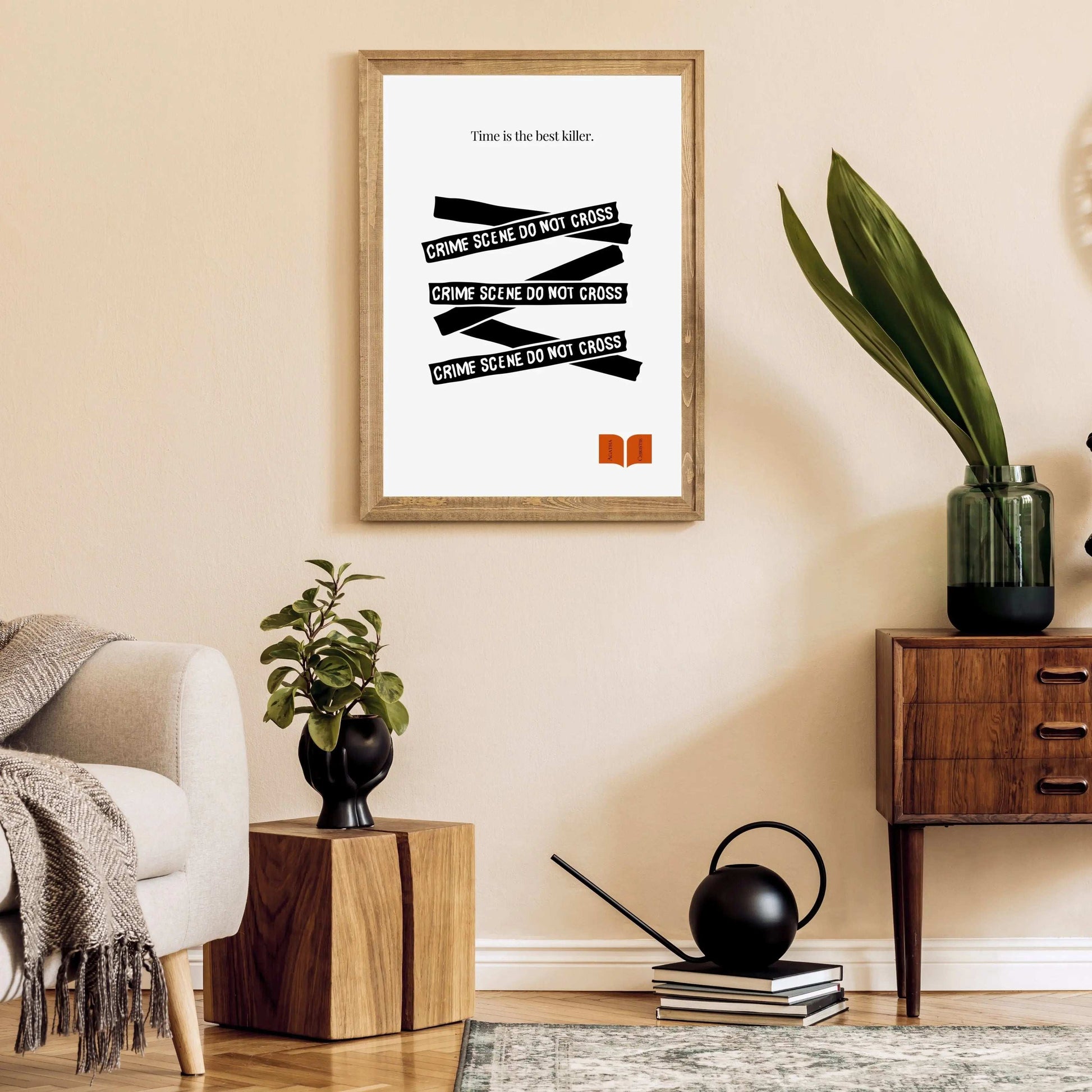 Living room with a framed poster on the wall, plants, and furniture.A minimalist black and white poster featuring text elements related to a crime scene and the quote 'Time is the best killer' from Agatha Christie.