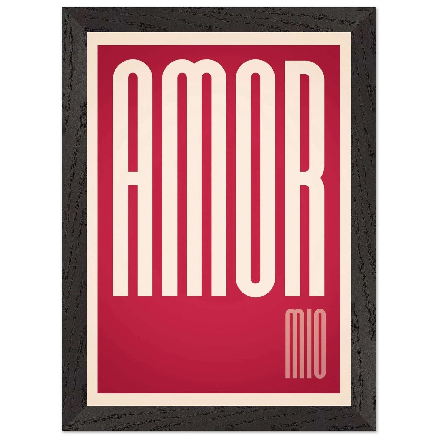 A red poster with the text 'AMOR mio' in white, stylized lettering, representing the Italian song 'Amore Mio'.