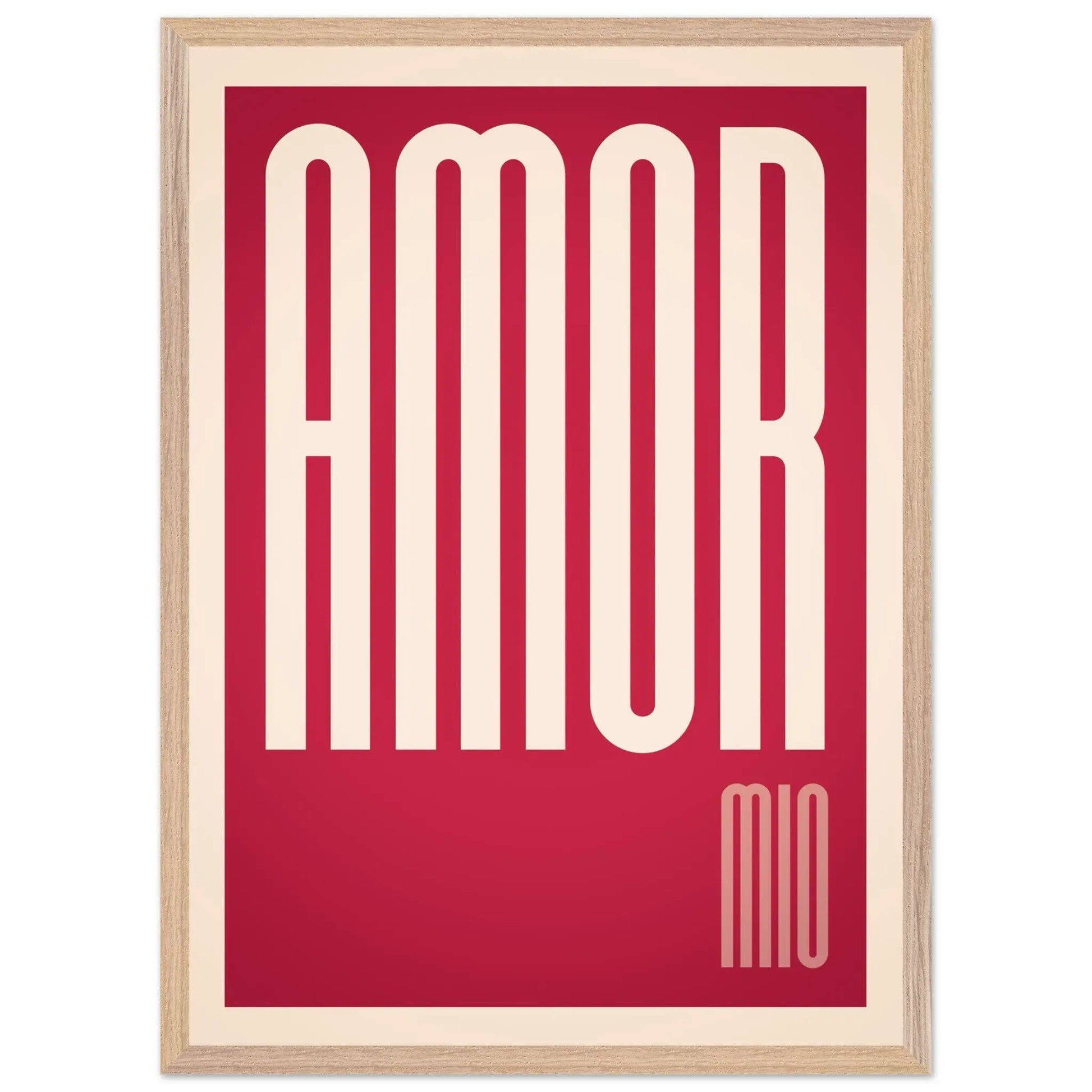 A red poster with the text 'AMOR mio' in white, stylized lettering, representing the Italian song 'Amore Mio'.
