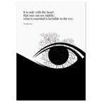 Minimalist poster of a black and white eye composed of tree-branch-like veins, with a small red heart hidden among the branches, paired with a quote from The Little Prince about seeing with the heart.