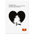 Minimalist Charles Dickens poster with heart-shaped design and quote about grief: “The broken heart. You think you will die, but you keep living…”