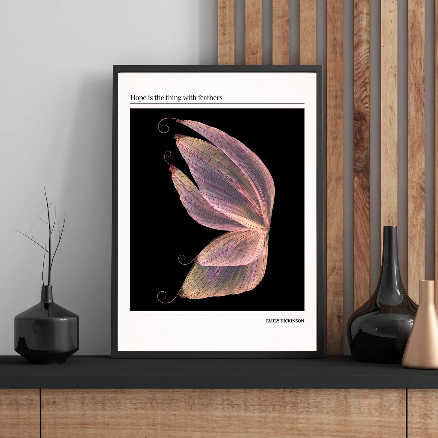 Inspirational butterfly poster featuring Emily Dickinson’s quote “Hope is the thing with feathers” with pastel wings on black background, poetic wall decor for modern interiors.