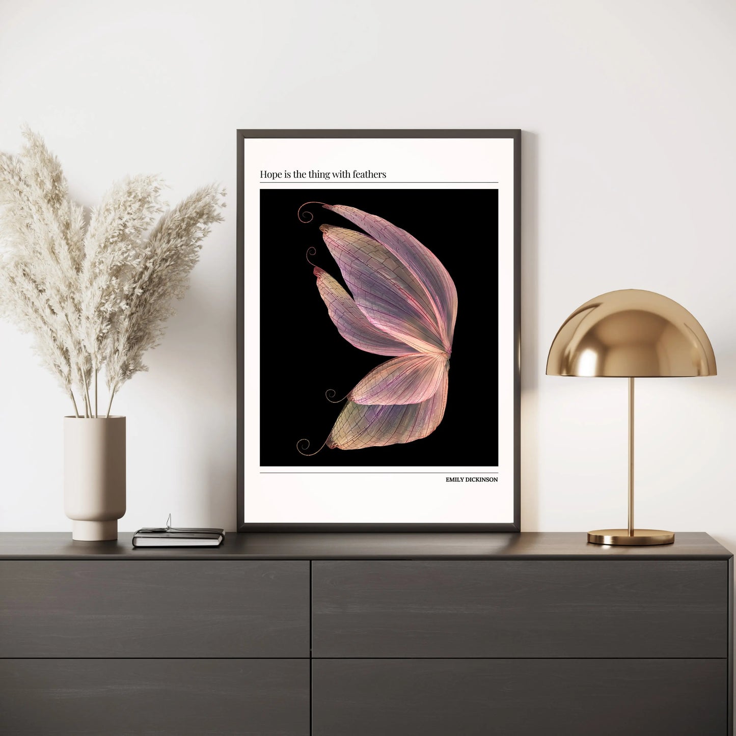 Inspirational butterfly poster featuring Emily Dickinson’s quote “Hope is the thing with feathers” with pastel wings on black background, poetic wall decor for modern interiors.