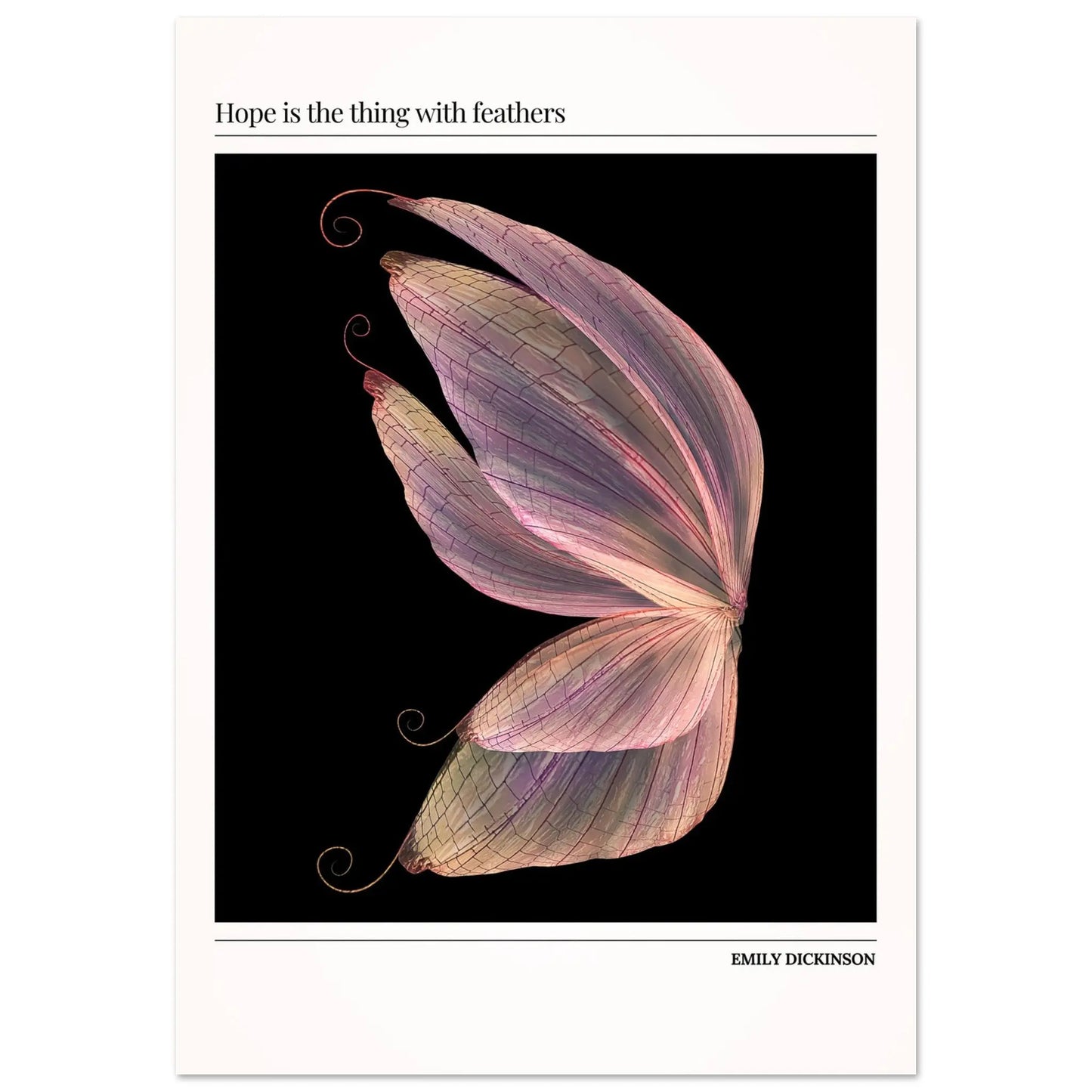 Inspirational butterfly poster featuring Emily Dickinson’s quote “Hope is the thing with feathers” with pastel wings on black background, poetic wall decor for modern interiors.