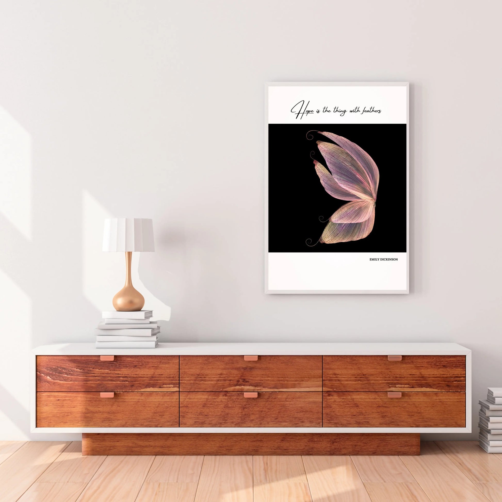 A poster featuring a quote by Emily Dickinson, 'Hope is the thing with feathers,' with an image of a butterfly wing in pastel colors on a black background.