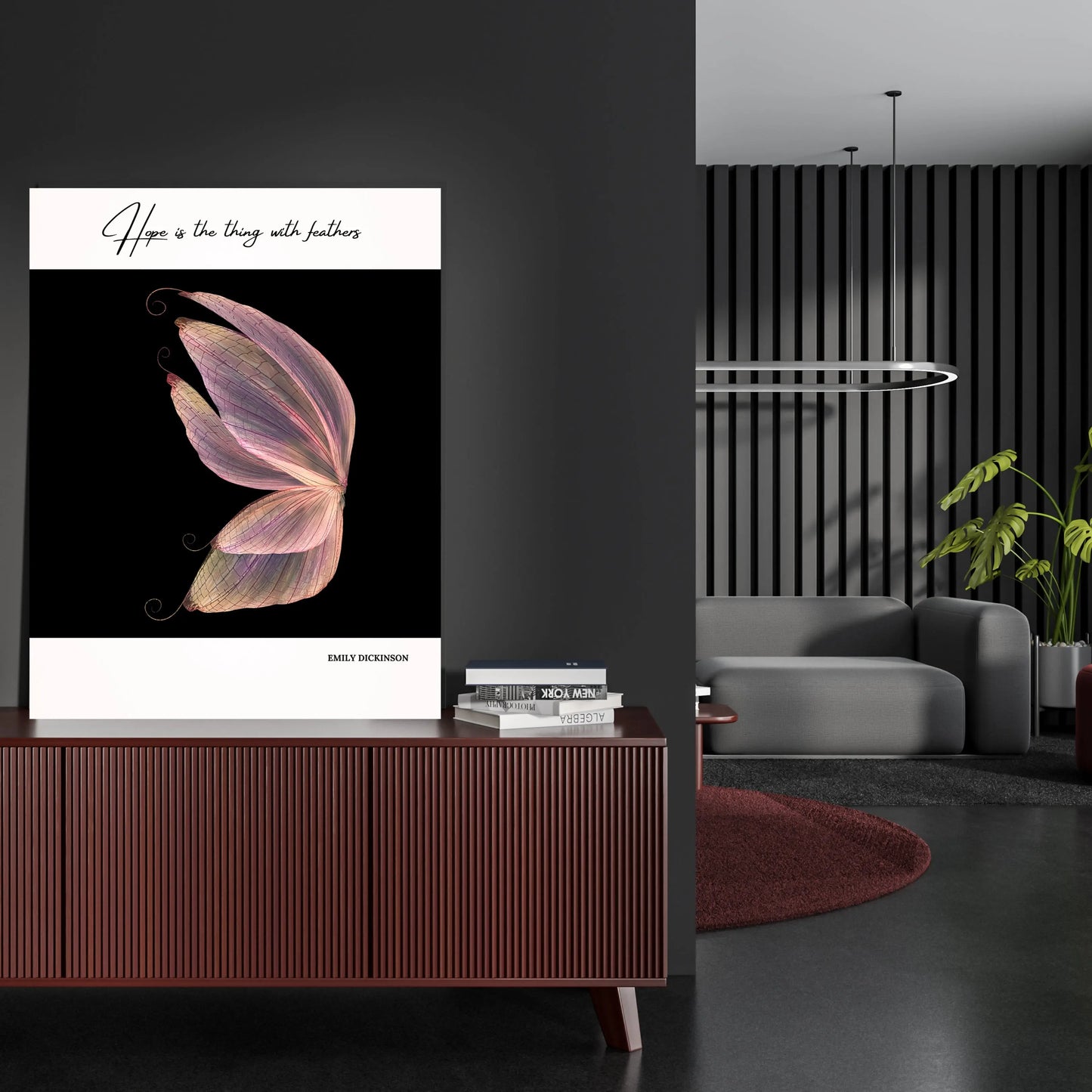 A poster featuring a quote by Emily Dickinson, 'Hope is the thing with feathers,' with an image of a butterfly wing in pastel colors on a black background.