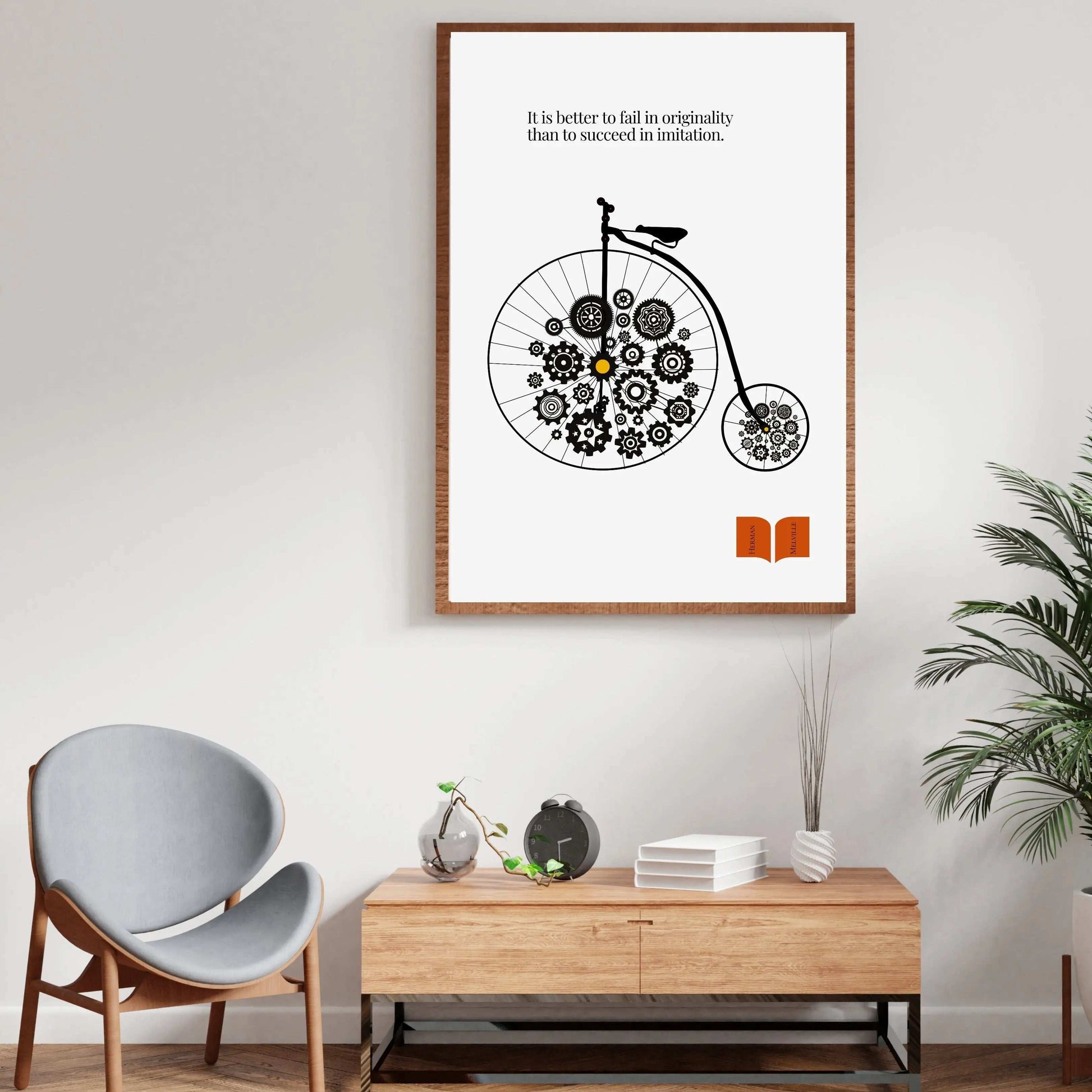 Minimalist poster featuring a vintage penny-farthing bicycle with gears in place of wheels and a quote by Herman Melville about the value of originality over imitation.