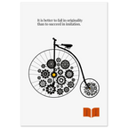 Minimalist poster featuring a vintage penny-farthing bicycle with gears in place of wheels and a quote by Herman Melville about the value of originality over imitation.