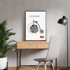 Minimalist poster featuring a vintage penny-farthing bicycle with gears in place of wheels and a quote by Herman Melville about the value of originality over imitation.