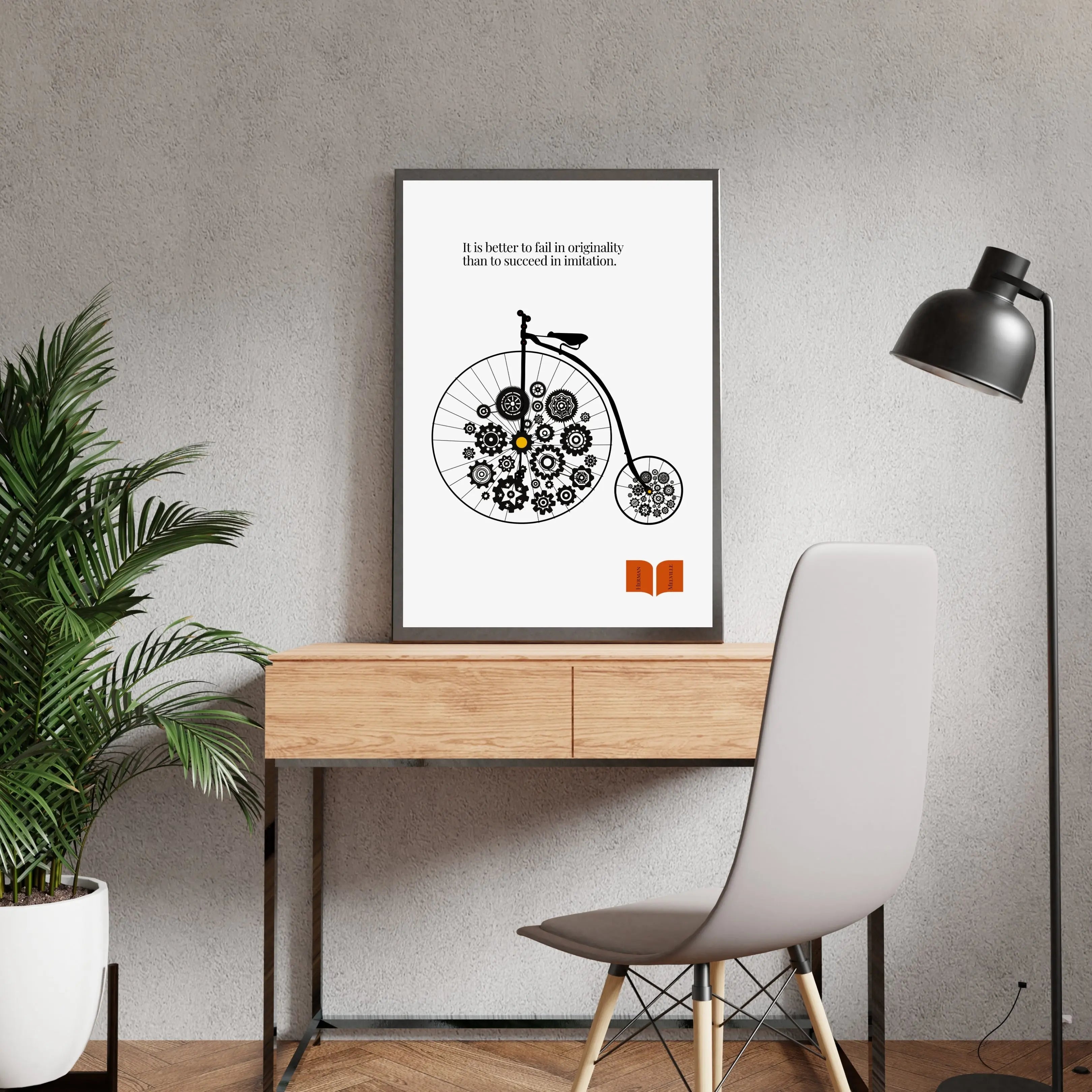 Minimalist poster featuring a vintage penny-farthing bicycle with gears in place of wheels and a quote by Herman Melville about the value of originality over imitation.