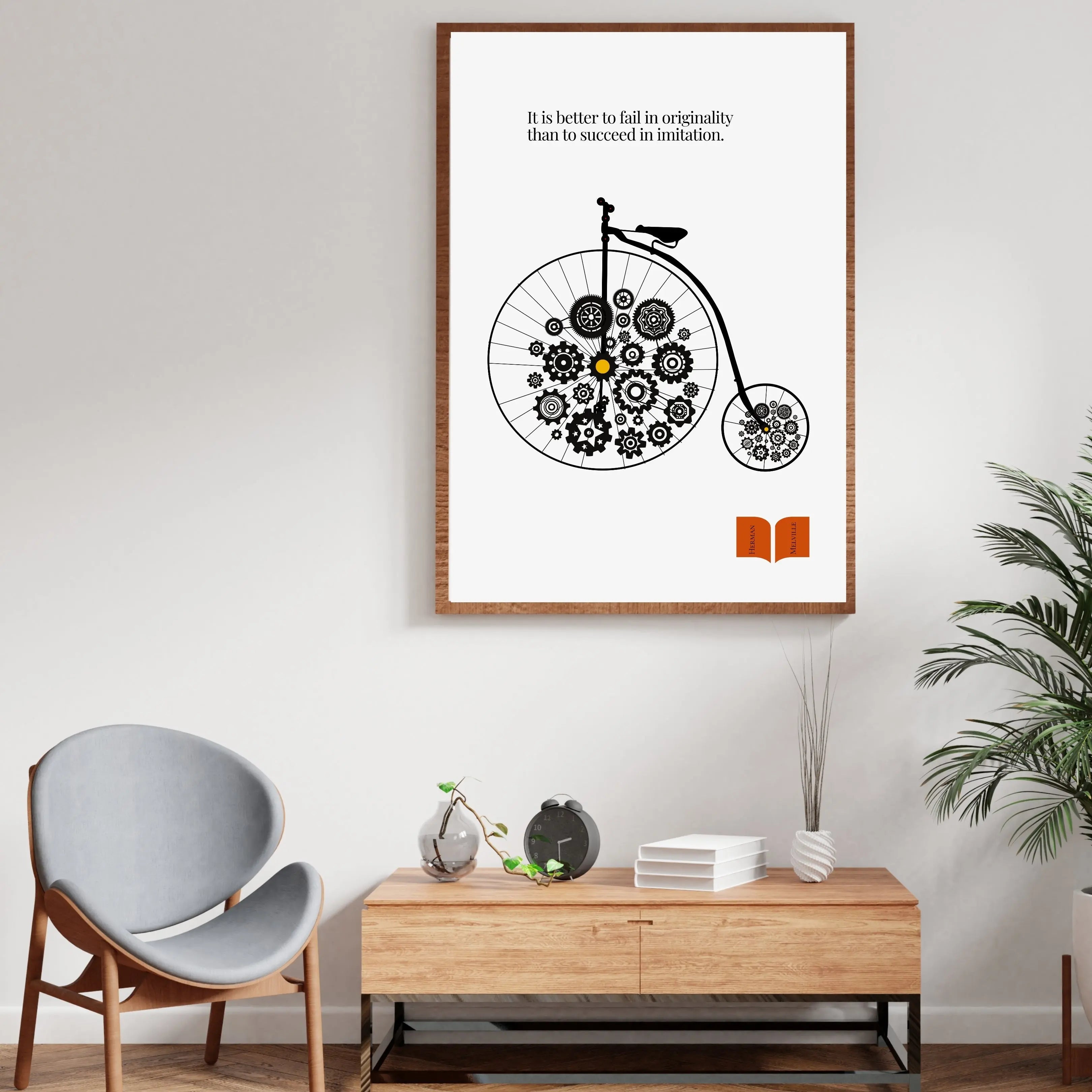 Minimalist poster featuring a vintage penny-farthing bicycle with gears in place of wheels and a quote by Herman Melville about the value of originality over imitation.