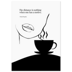 Minimalist black and white poster with a quote from Pride & Prejudice, featuring stylized lips and a steaming coffee cup, symbolizing love and longing.