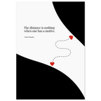 Minimalist black and white poster featuring two red hearts connected by a dotted path, with a romantic quote from Pride & Prejudice about love and motive.