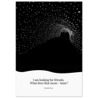Minimalist poster with a quote from The Little Prince about friendship and taming, featuring a silhouette of a figure under a tunnel of glowing stars.