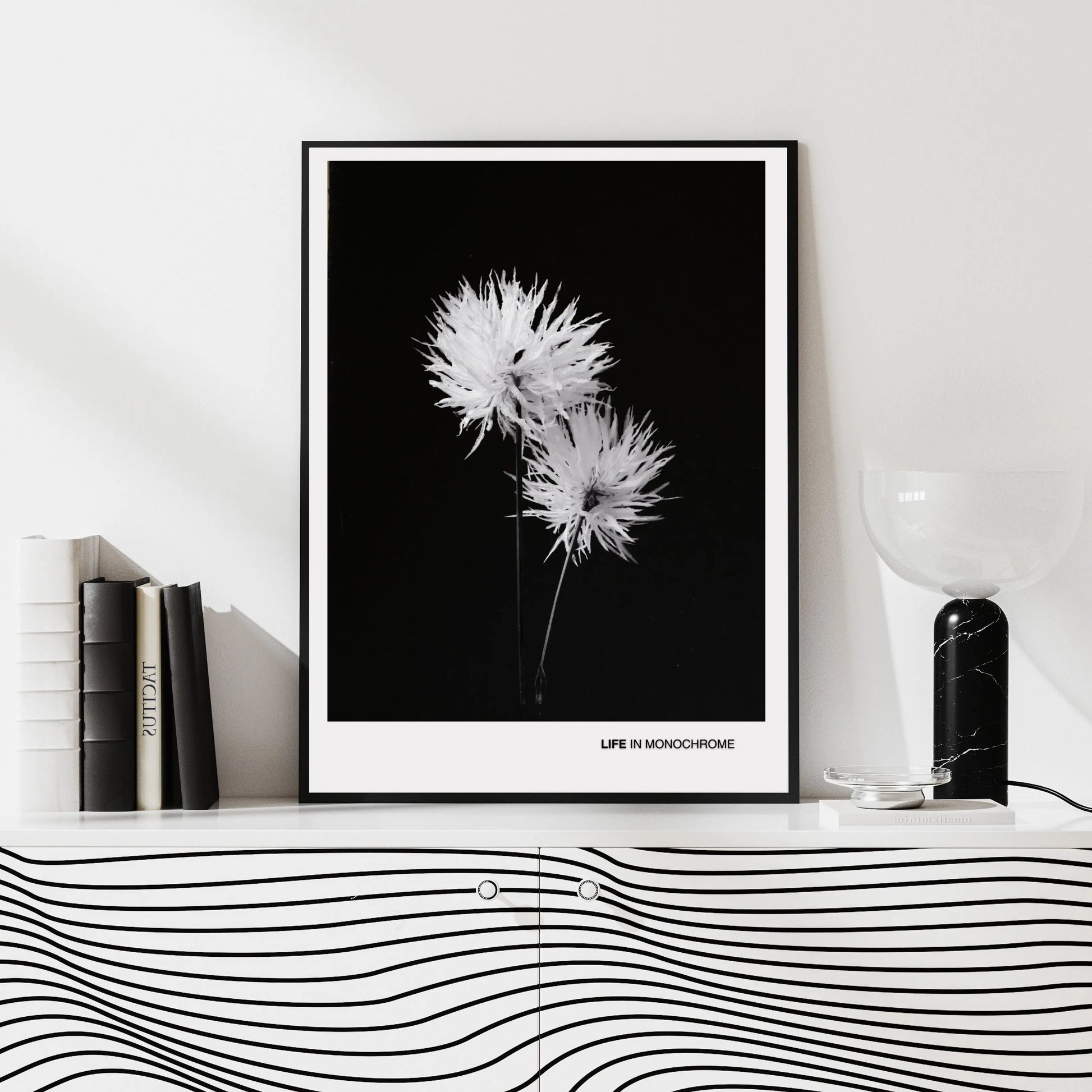 Minimalist Black and White Flower Poster - 'Life in Monochrome'  Print Material INK & FRAME STUDIO