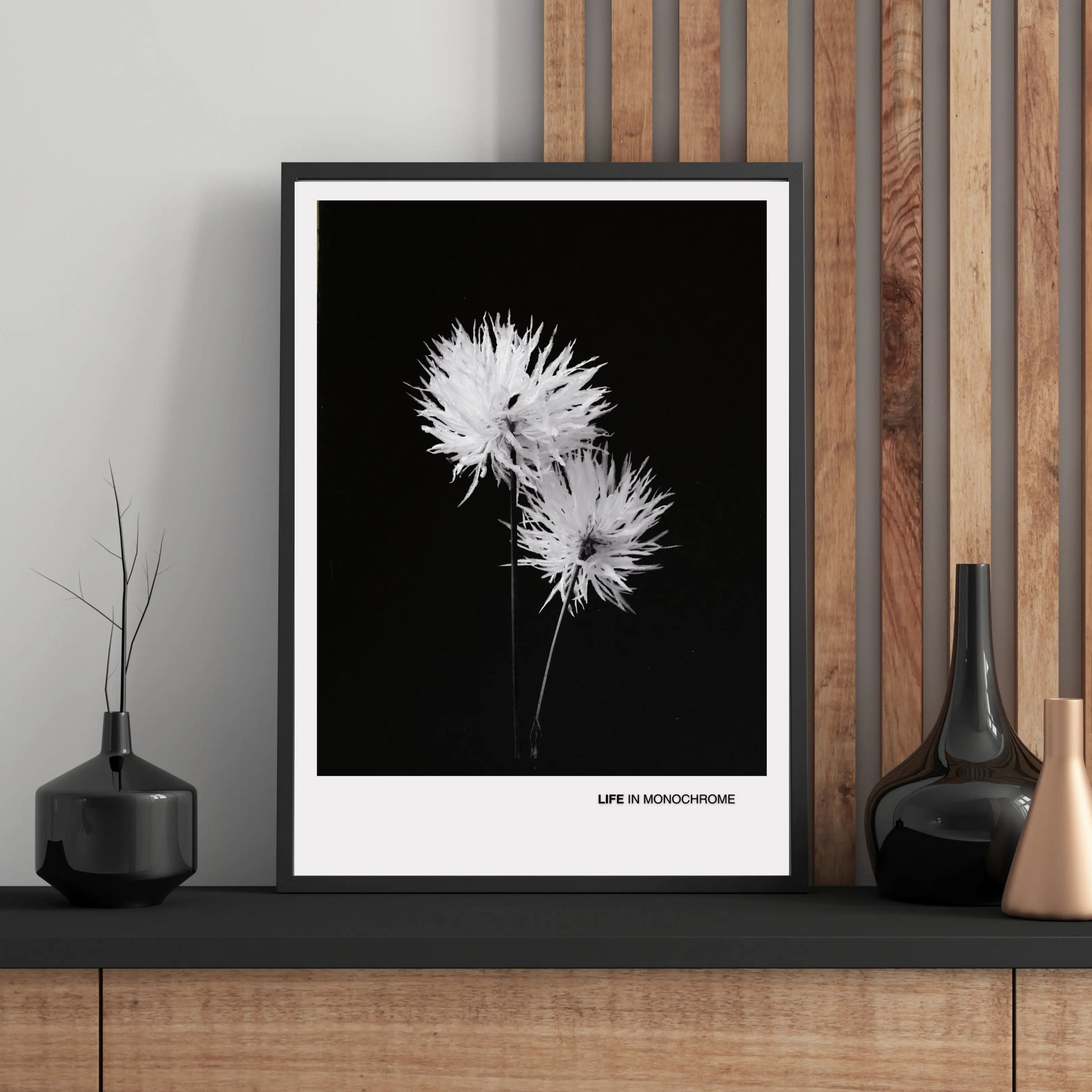 Minimalist Black and White Flower Poster - 'Life in Monochrome'  Print Material INK & FRAME STUDIO
