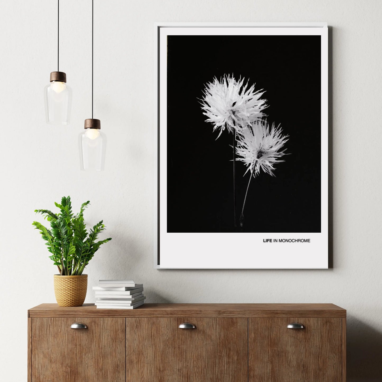 Minimalist Black and White Flower Poster - 'Life in Monochrome'  Print Material INK & FRAME STUDIO