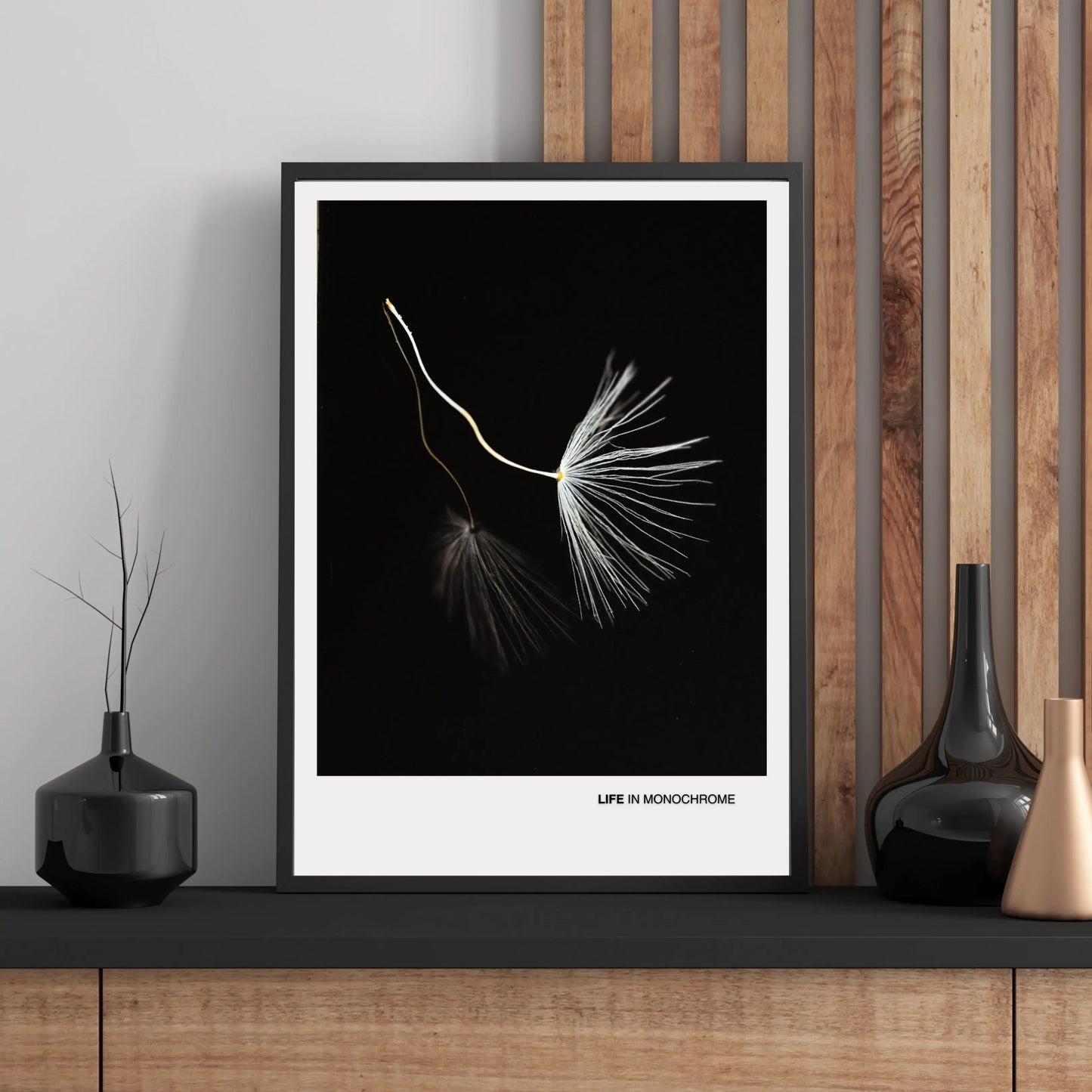 Minimalist Dandelion Seed Wall Art – Monochrome Botanical Print  Print Material INK & FRAME STUDIO