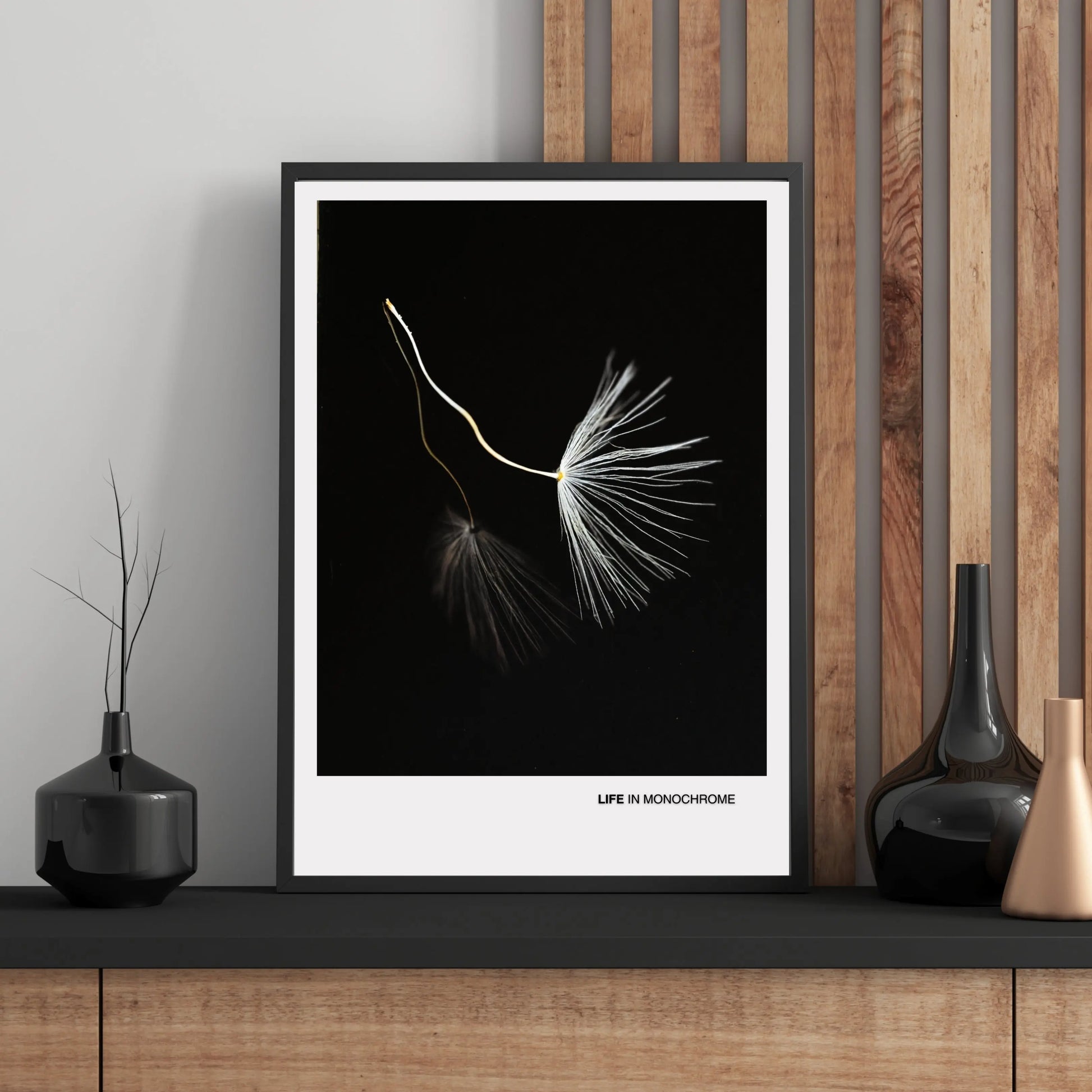 Minimalist Dandelion Seed Wall Art – Monochrome Botanical Print  Print Material INK & FRAME STUDIO