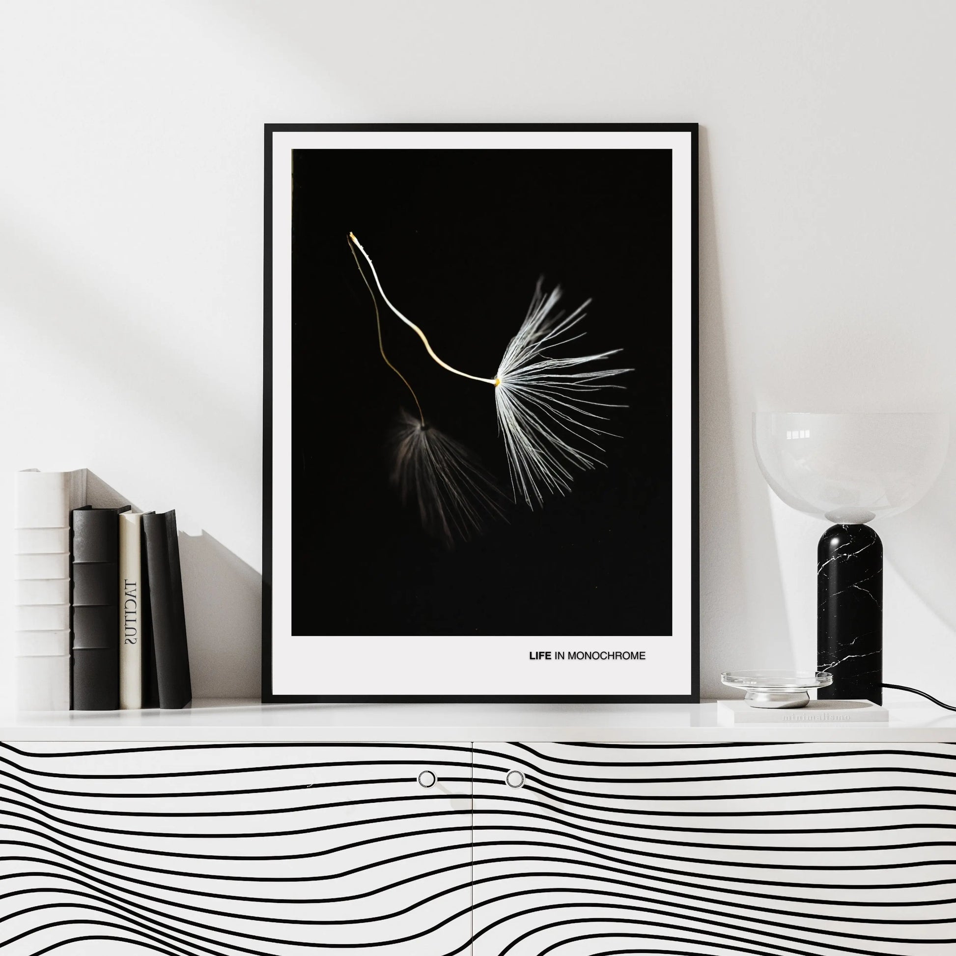 Minimalist Dandelion Seed Wall Art – Monochrome Botanical Print  Print Material INK & FRAME STUDIO