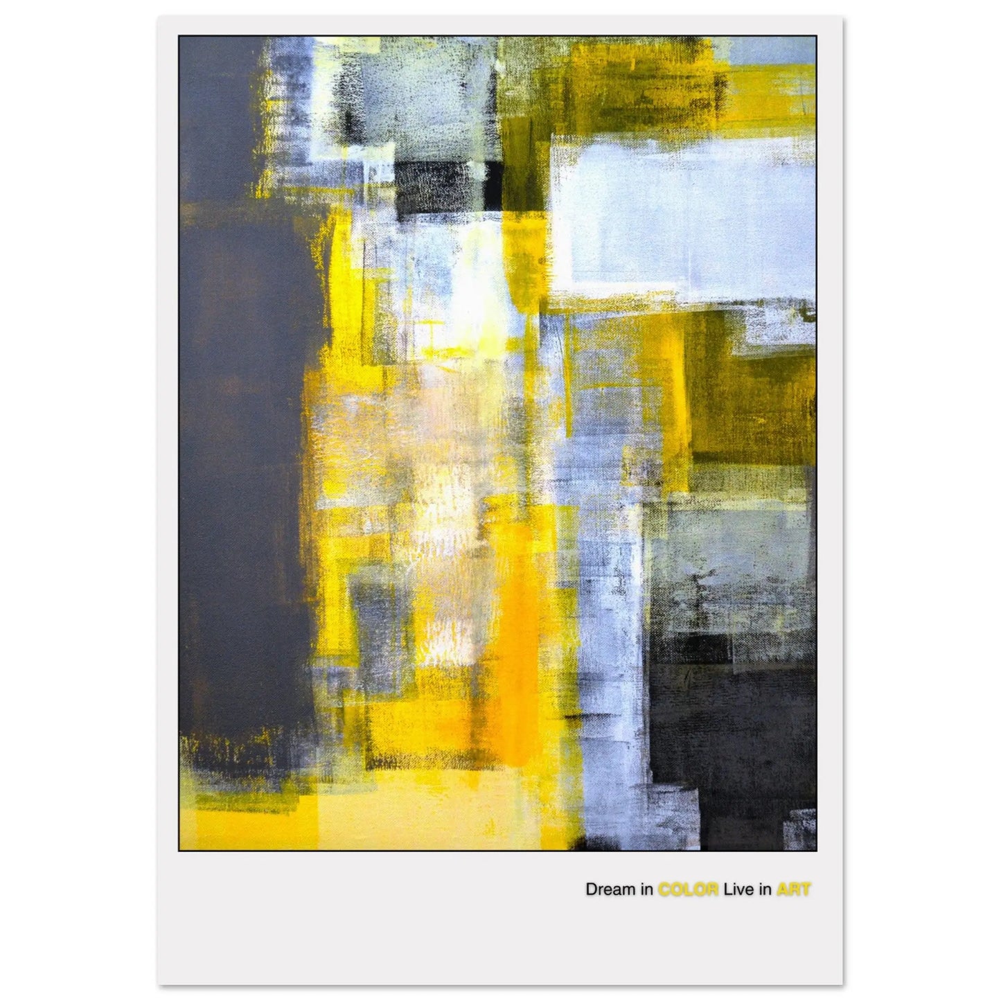 A framed modern minimalist fine art poster featuring abstract geometric patterns with predominantly gray, yellow, and black colors.