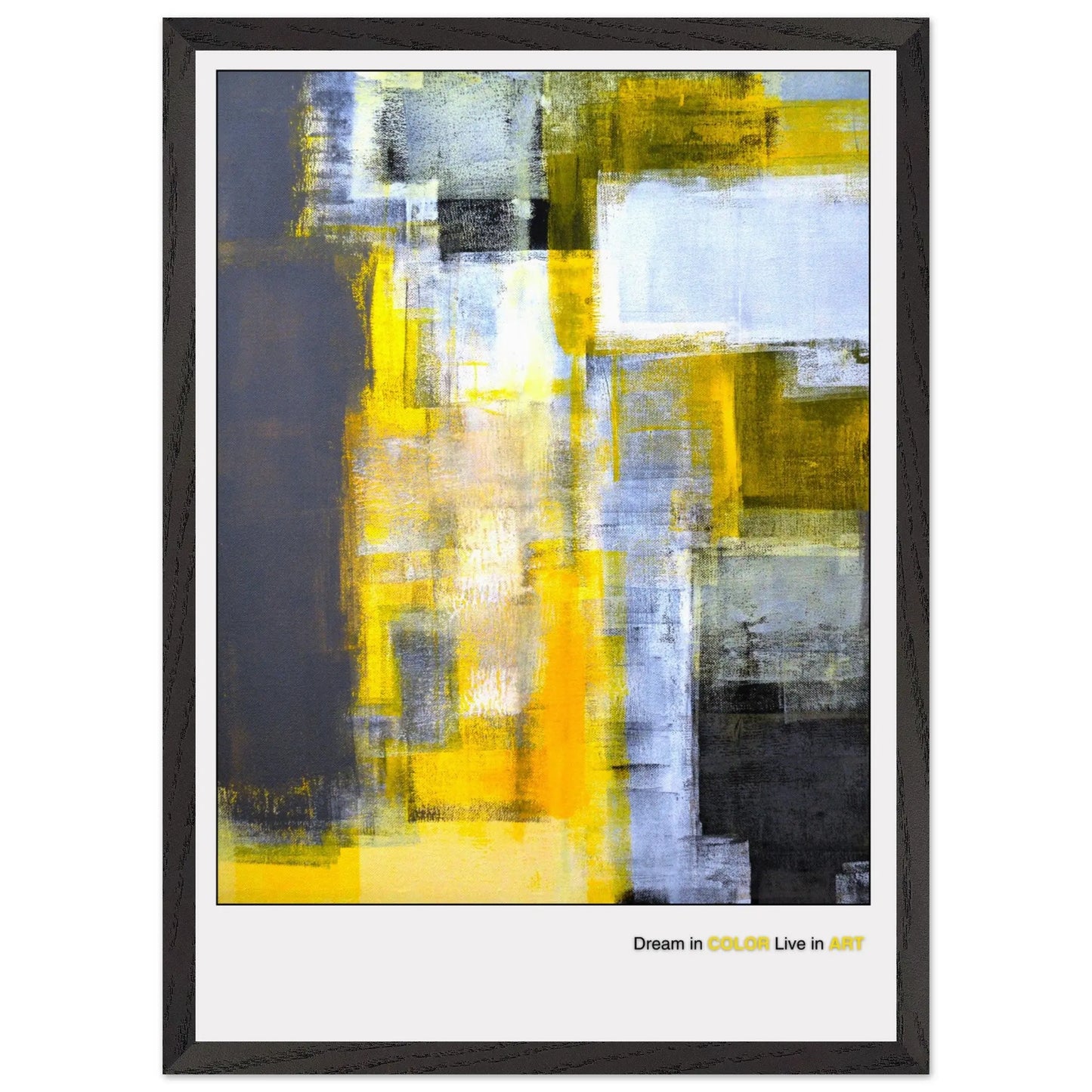 A framed modern minimalist fine art poster featuring abstract geometric patterns with predominantly gray, yellow, and black colors.