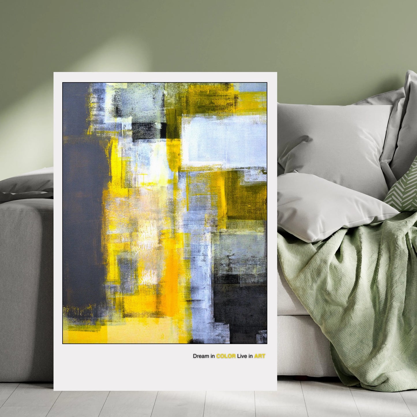 An abstract fine art poster featuring geometric shapes in yellow, gray, and black colors with the phrase 'Dream in COLOR Live in ART' at the bottom.