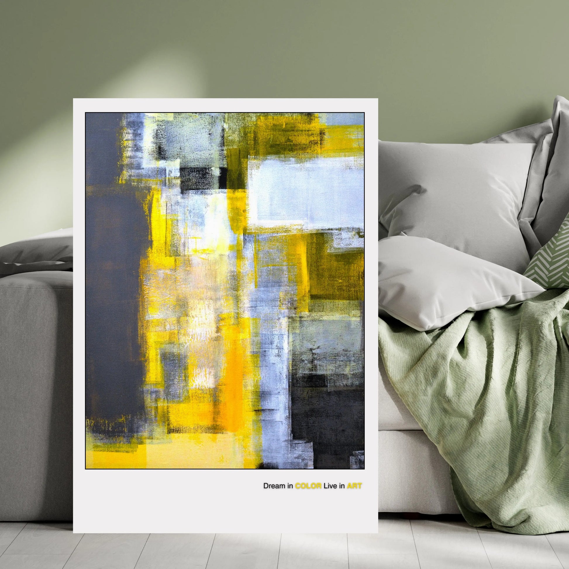 An abstract fine art poster featuring geometric shapes in yellow, gray, and black colors with the phrase 'Dream in COLOR Live in ART' at the bottom.