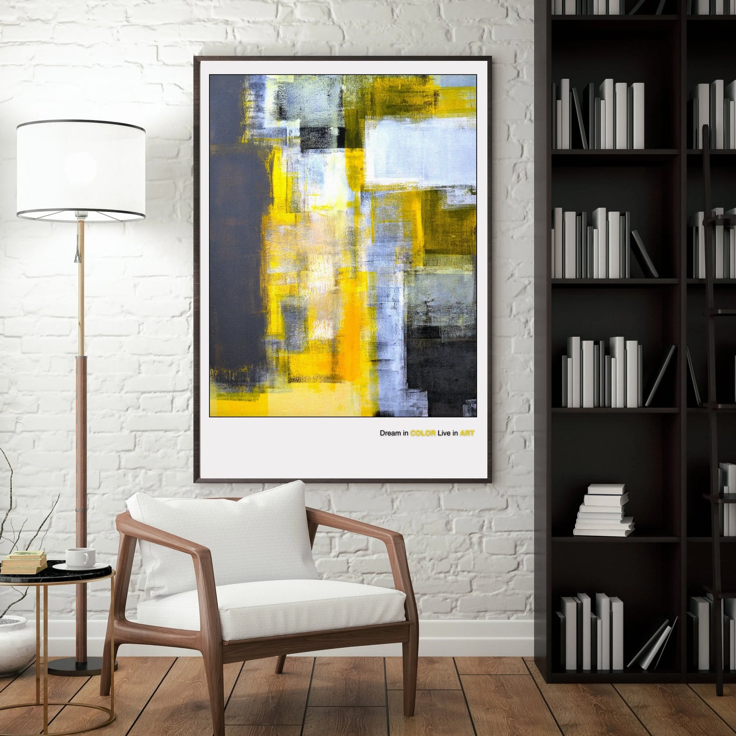 An abstract fine art poster featuring geometric shapes in yellow, gray, and black colors with the phrase 'Dream in COLOR Live in ART' at the bottom.