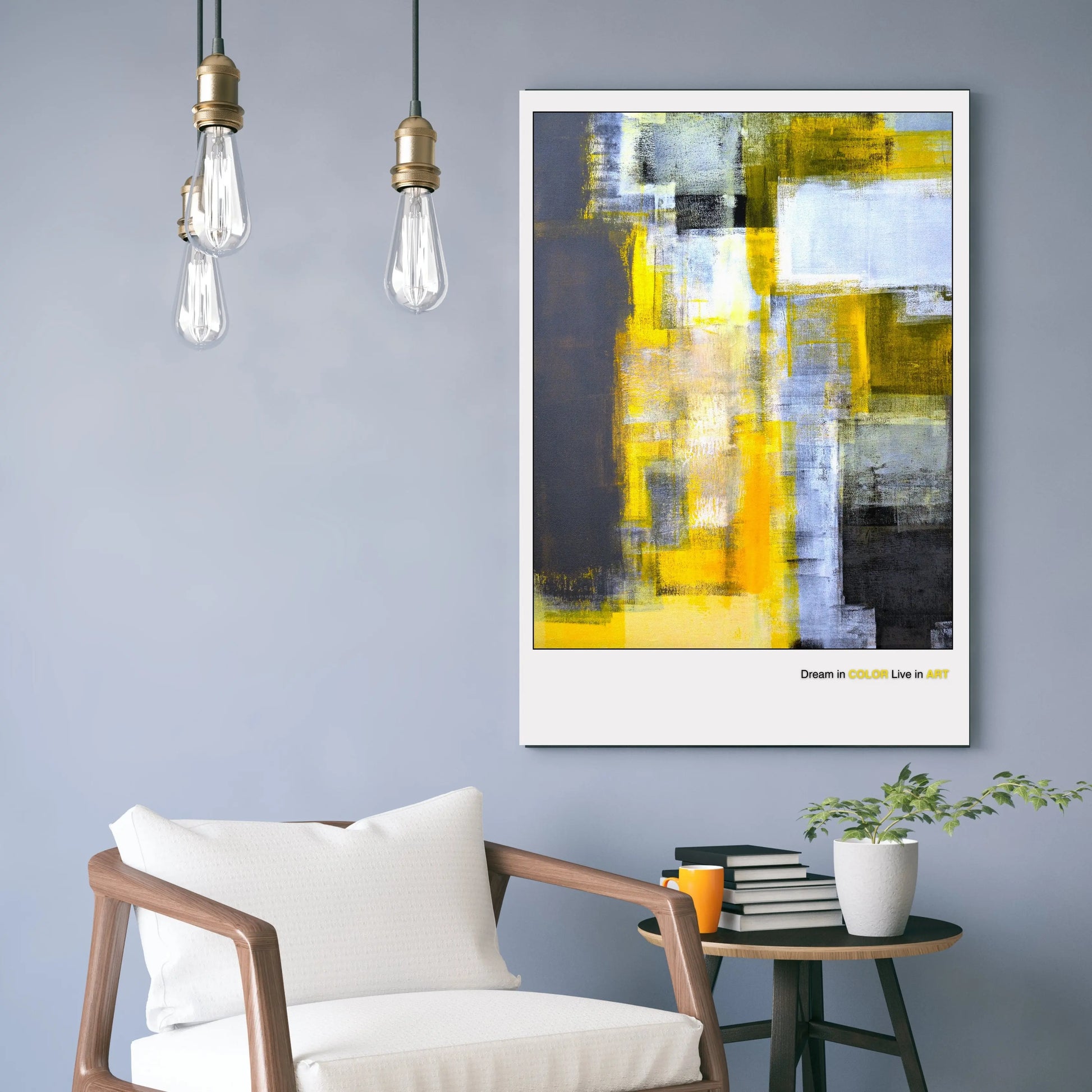 An abstract fine art poster featuring geometric shapes in yellow, gray, and black colors with the phrase 'Dream in COLOR Live in ART' at the bottom.