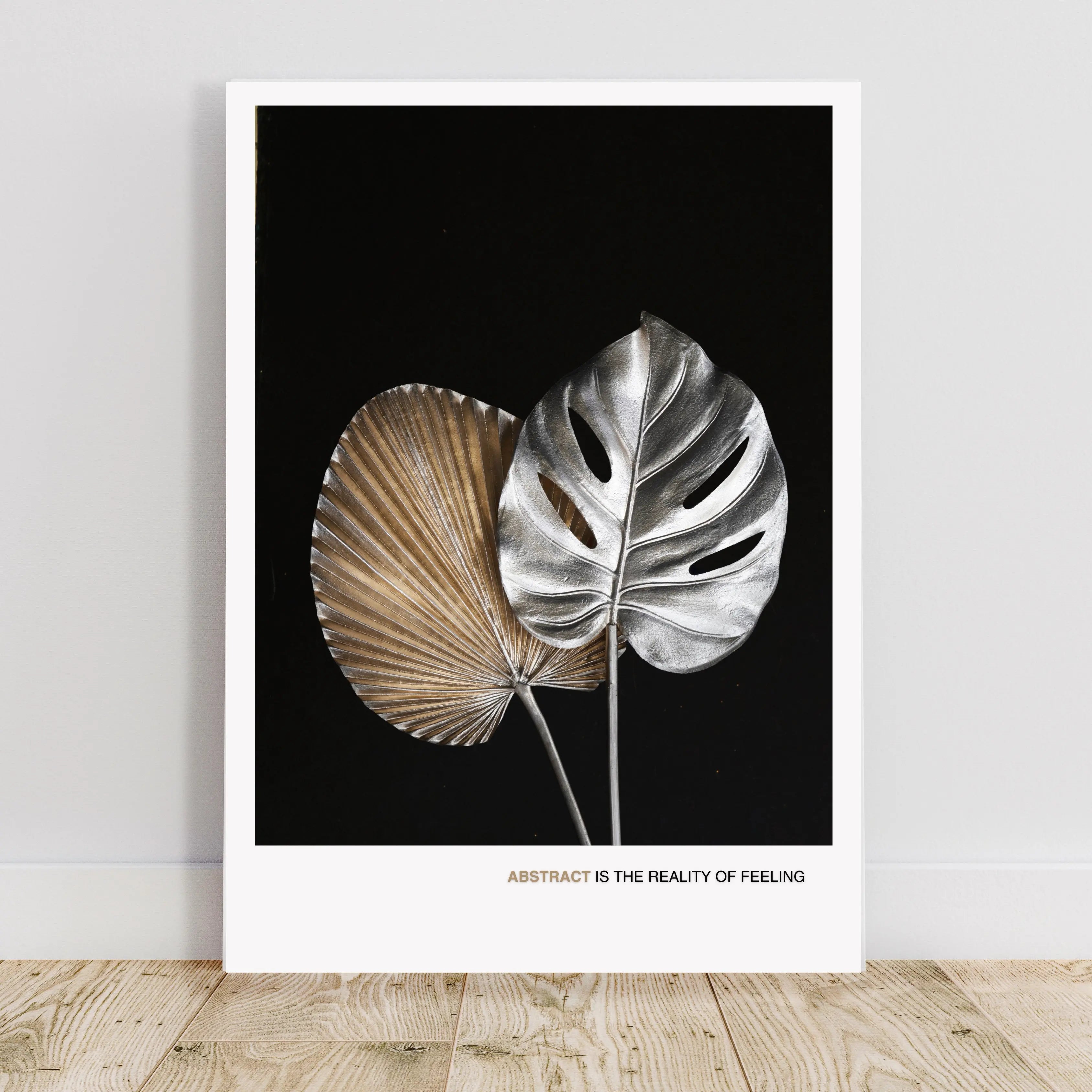 Modern Silver and Gold Leaf Abstract Poster – Minimalist Black Background  Print Material INK & FRAME STUDIO