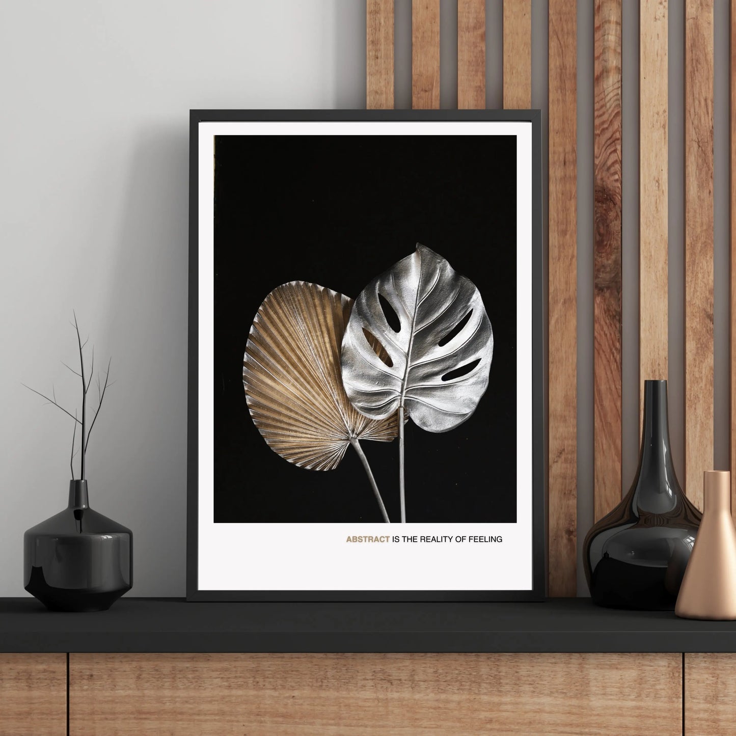 Modern Silver and Gold Leaf Abstract Poster – Minimalist Black Background  Print Material INK & FRAME STUDIO