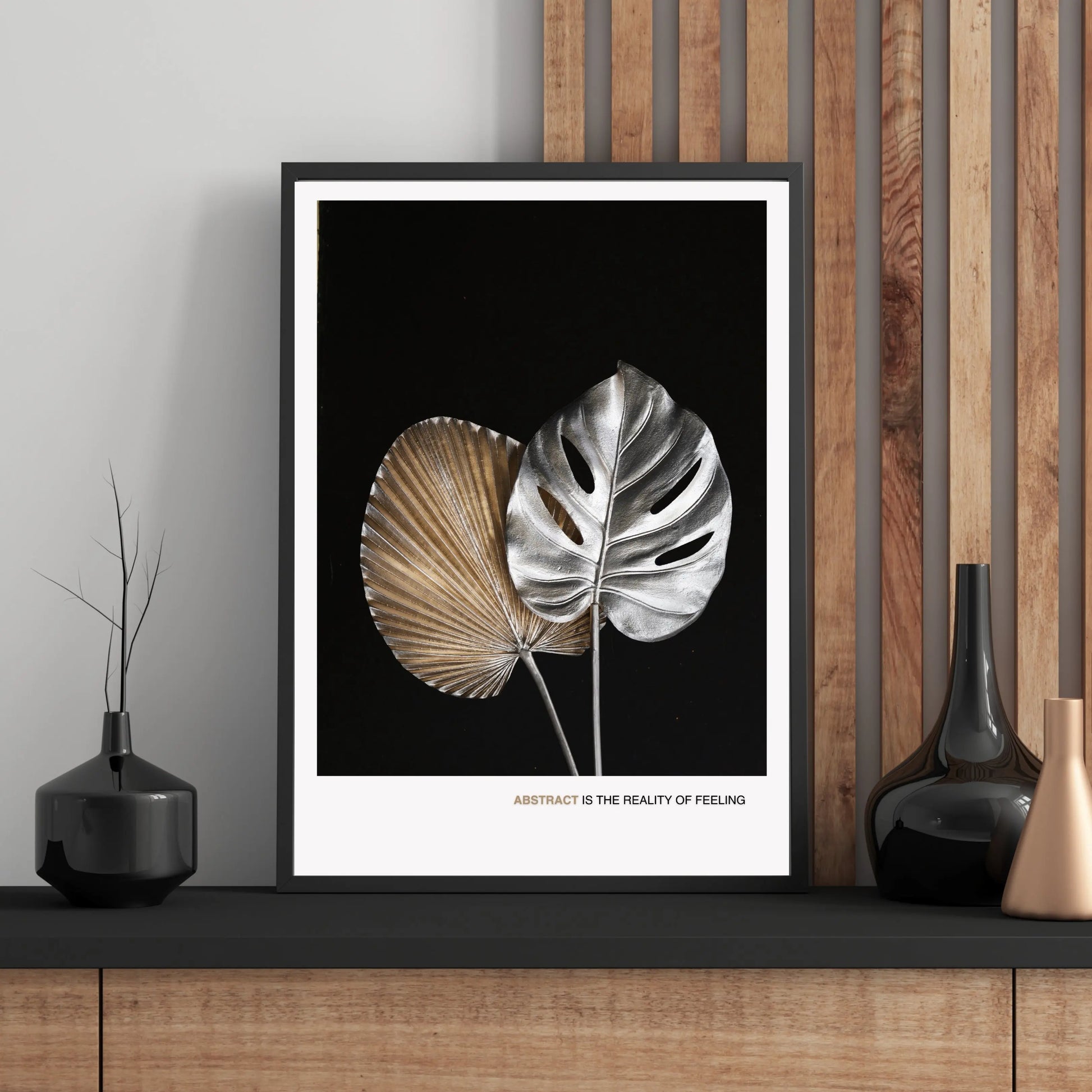 Modern Silver and Gold Leaf Abstract Poster – Minimalist Black Background  Print Material INK & FRAME STUDIO