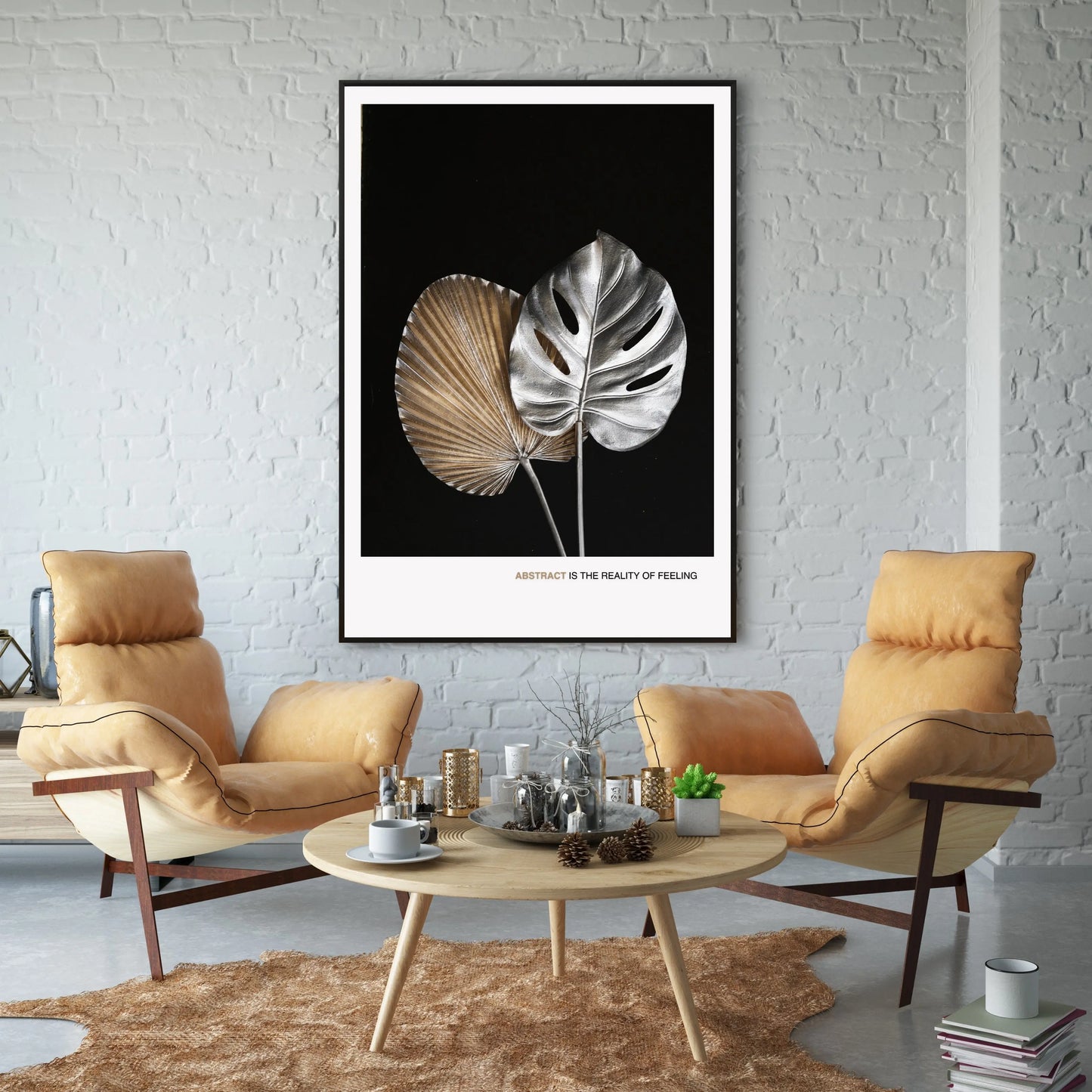 Modern Silver and Gold Leaf Abstract Poster – Minimalist Black Background  Print Material INK & FRAME STUDIO