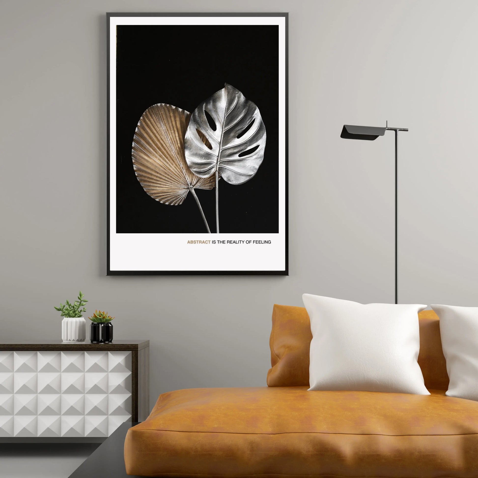 Modern Silver and Gold Leaf Abstract Poster – Minimalist Black Background  Print Material INK & FRAME STUDIO