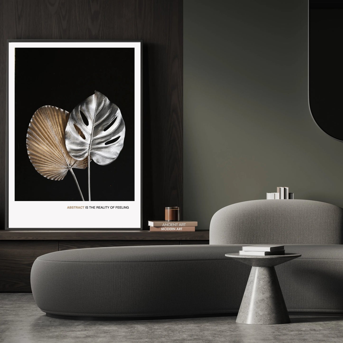 Modern Silver and Gold Leaf Abstract Poster – Minimalist Black Background  Print Material INK & FRAME STUDIO