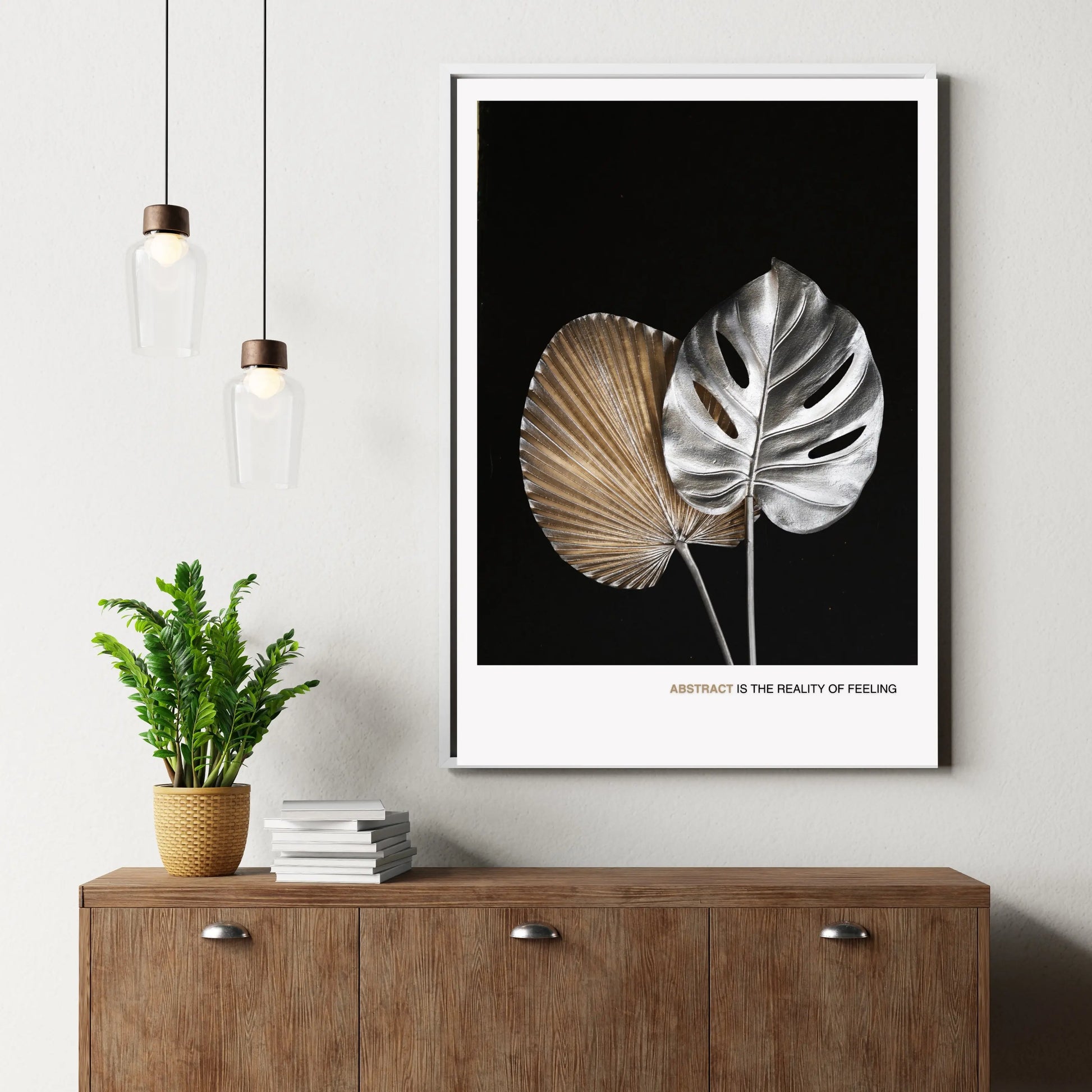 Modern Silver and Gold Leaf Abstract Poster – Minimalist Black Background  Print Material INK & FRAME STUDIO