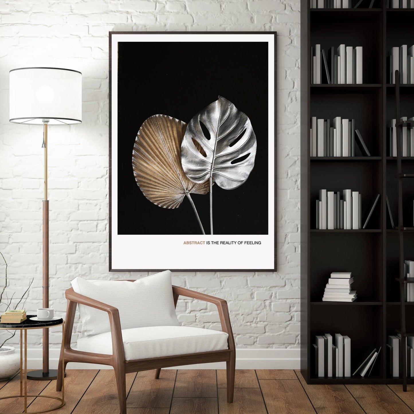 Modern Silver and Gold Leaf Abstract Poster – Minimalist Black Background  Print Material INK & FRAME STUDIO