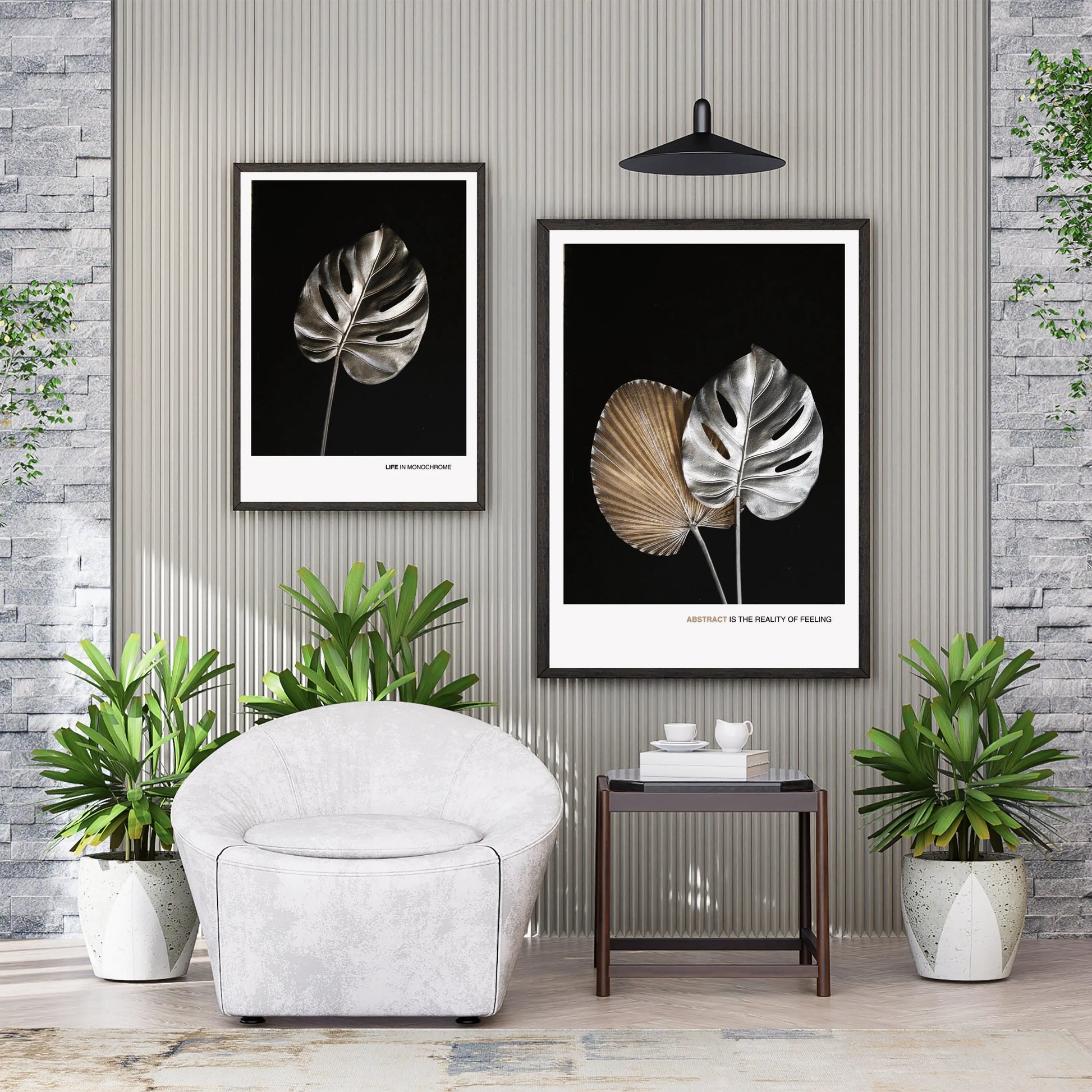 Monochrome Boho Print, Botanical Wall Art Silver Monstera Leaf Poster  Print Material INK & FRAME STUDIO