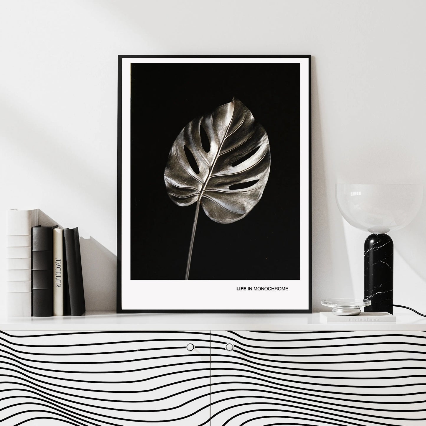 Monochrome Boho Print, Botanical Wall Art Silver Monstera Leaf Poster  Print Material INK & FRAME STUDIO