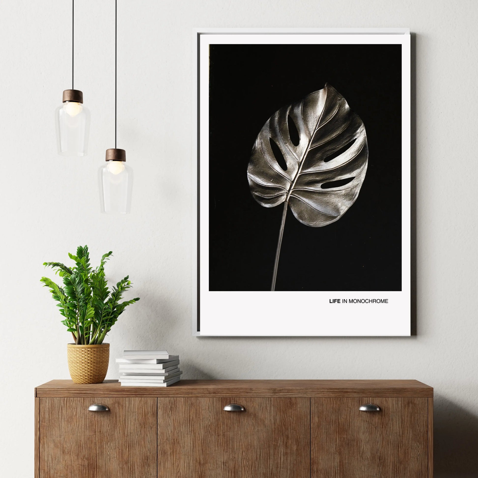 Monochrome Boho Print, Botanical Wall Art Silver Monstera Leaf Poster  Print Material INK & FRAME STUDIO