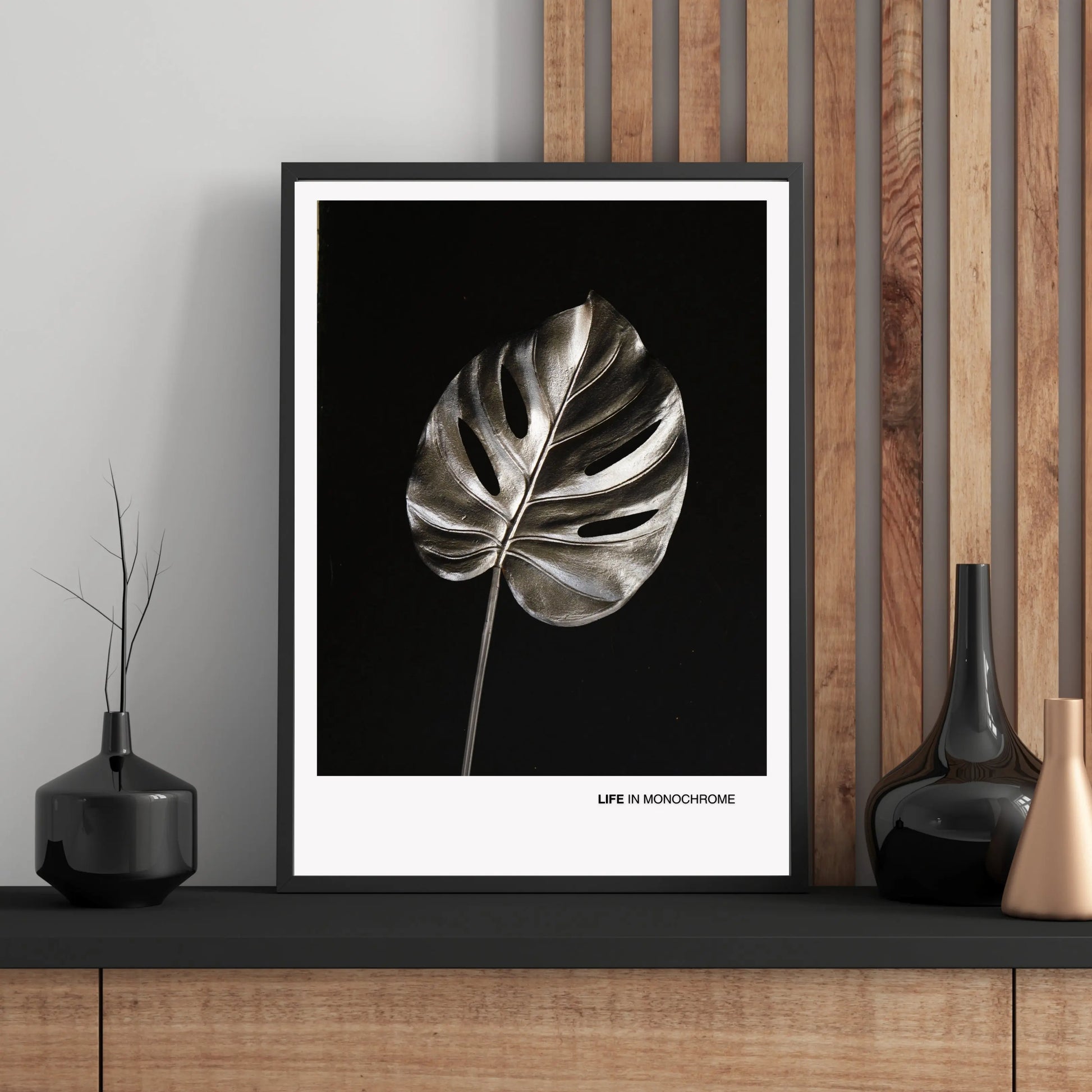 Monochrome Boho Print, Botanical Wall Art Silver Monstera Leaf Poster  Print Material INK & FRAME STUDIO